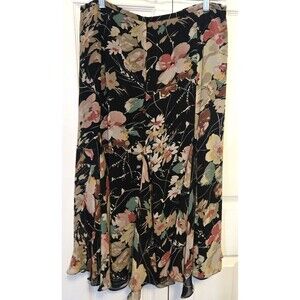 VTG Chaps Womens Black Floral Ruffle Midi Skirt Sz 10